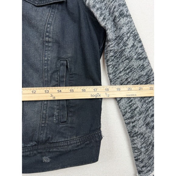 Free People Women's Black Distressed Jean Jacket Sweatshirt Sleeves No Hood Sz M - Picture 9 of 12